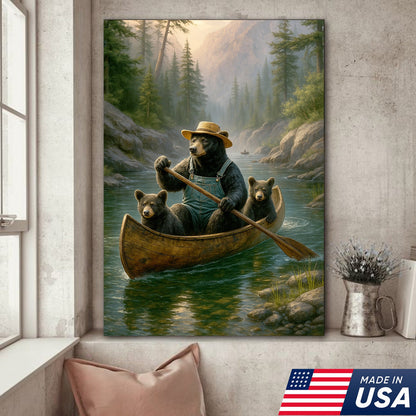Bear Family Canoe Adventure Canvas Wall Art – Rustic Wildlife Wall Decor for Cabin & Home