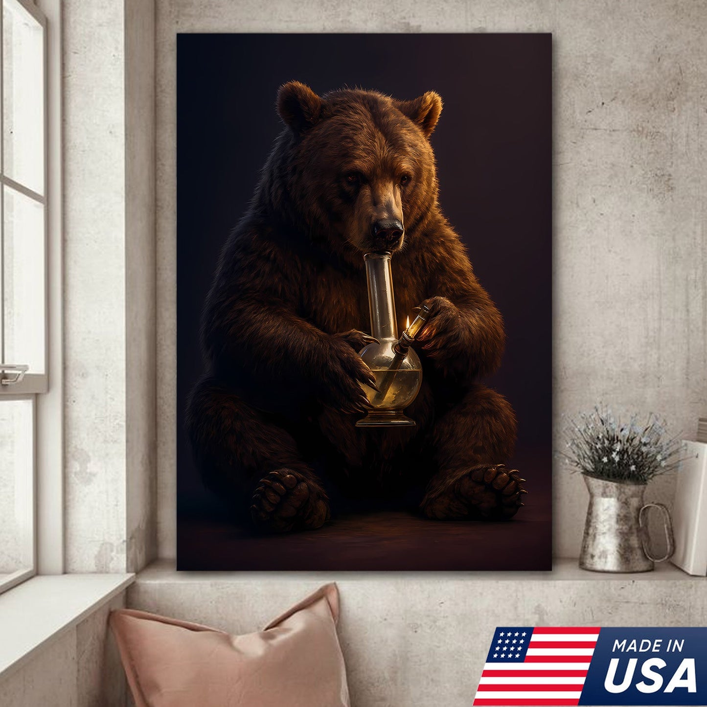 Rustic Bear Smoking Canvas Wall Art – Funny Cabin Decor for Hunters & Outdoor Lovers