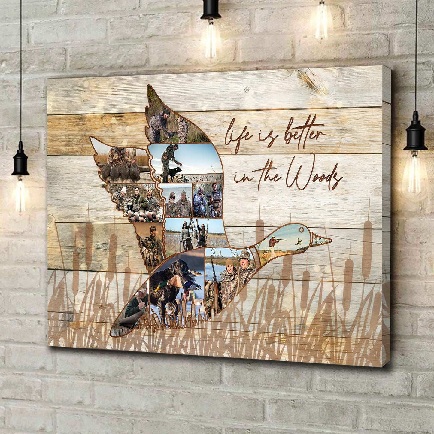 Custom Photo Duck Hunting Collage Canvas, Rustic Wood Look, Personalized Waterfowl Hunter Gift Wall Art