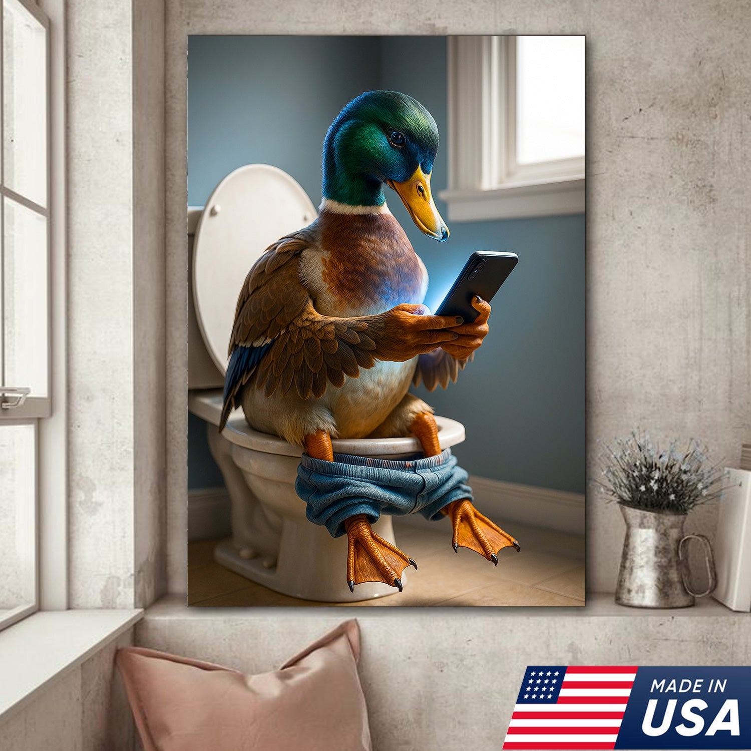Funny Duck on Toilet Canvas Wall Art – Hilarious Gift for Men, Husband or Bathroom Decor