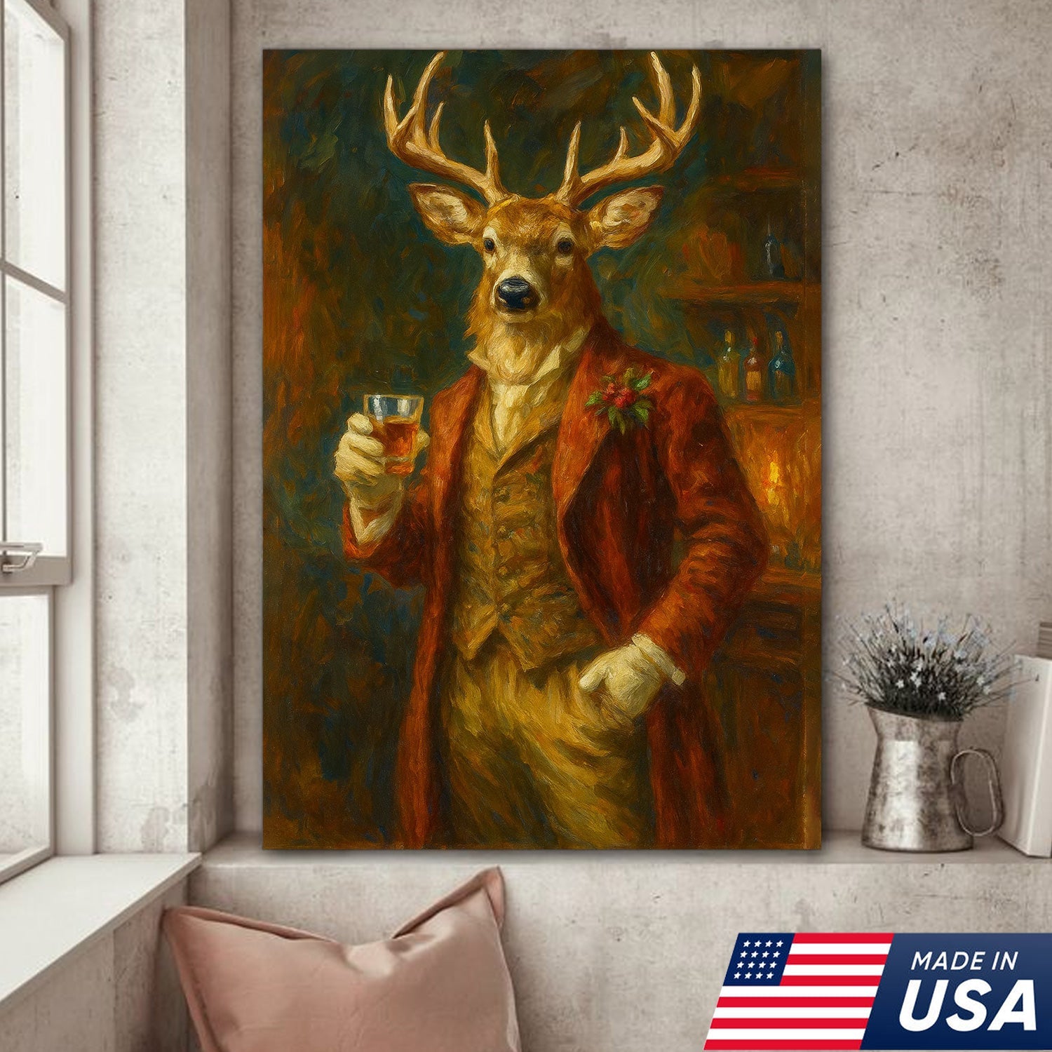 Deer Gentleman Wall Art Canvas – Whiskey Hunter Canvas Decor for Rustic Cabin