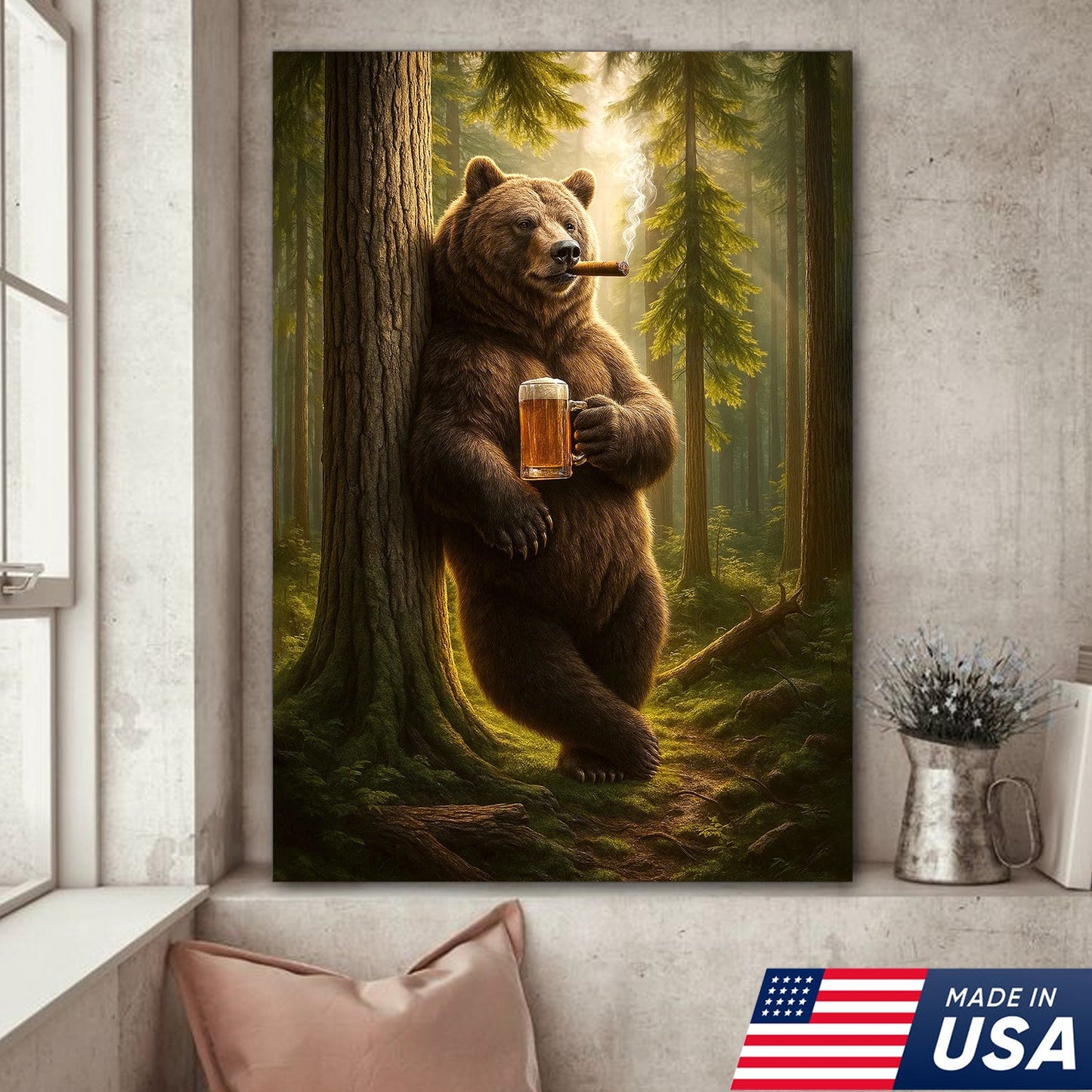 Rustic Bear in Forest Canvas Wall Art, Woodland Animal Decor, Nature Landscape Home Decoration