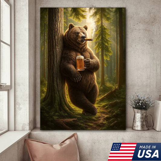 Rustic Bear in Forest Canvas Wall Art, Woodland Animal Decor, Nature Landscape Home Decoration