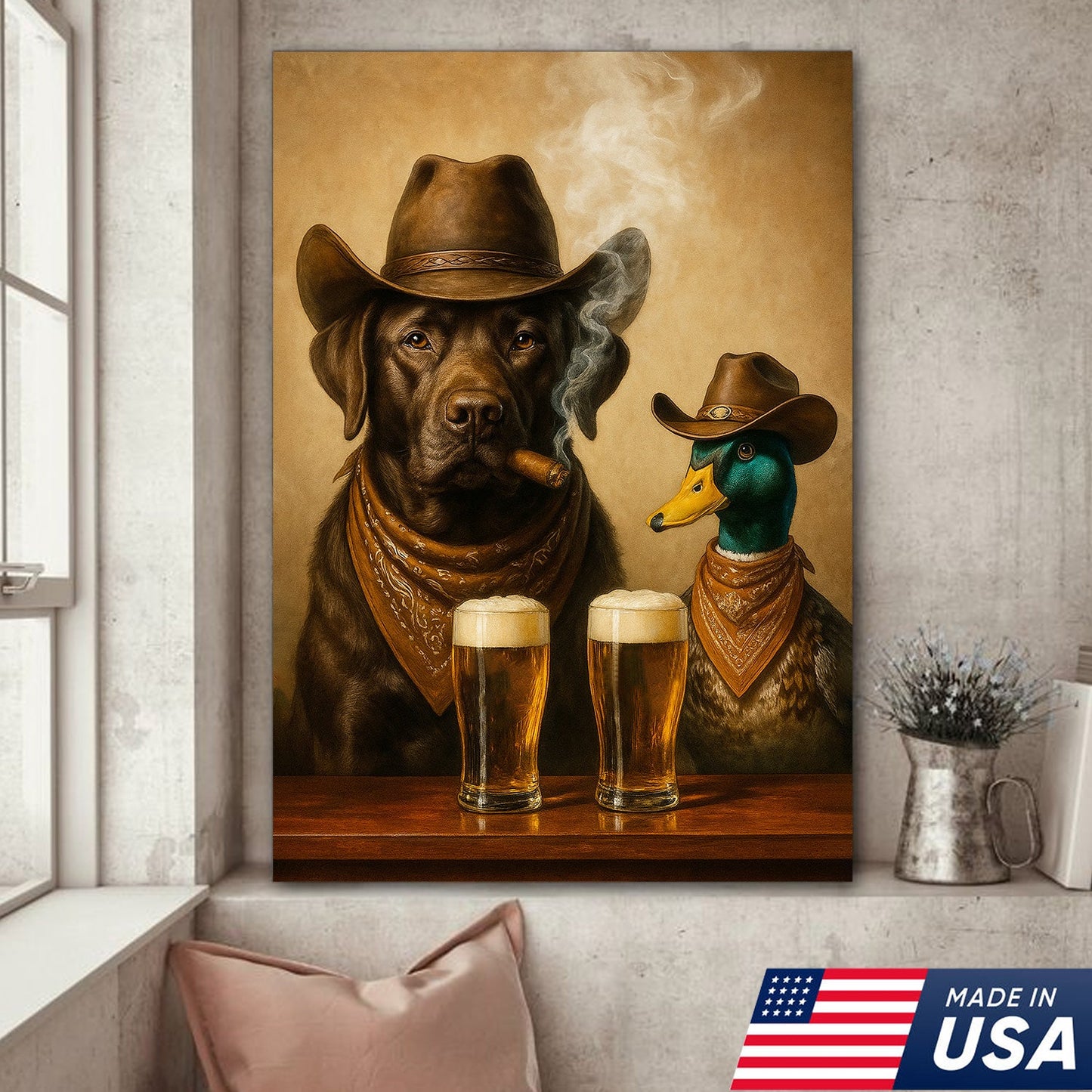 Funny Dog and Duck Canvas Wall Art – Rustic Cowboy Bar Decor Gift for Hunters and Lodge Lovers