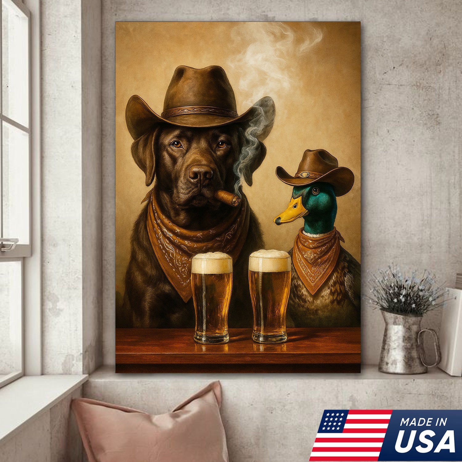 Funny Dog and Duck Canvas Wall Art – Rustic Cowboy Bar Decor Gift for Hunters and Lodge Lovers