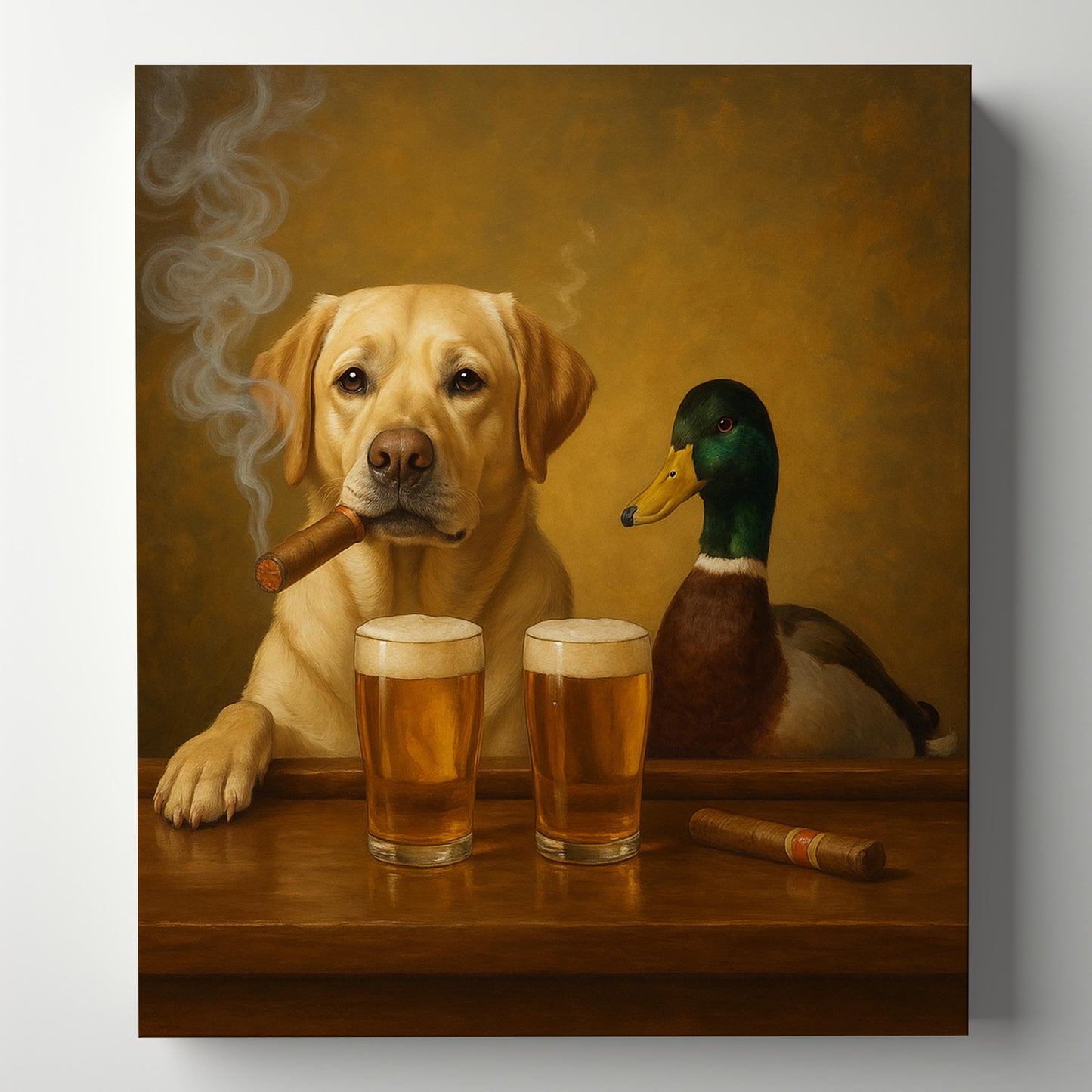 Funny Dog and Duck Beer Painting canvas– Hunting Cabin Wall Art for Men Cave Decor