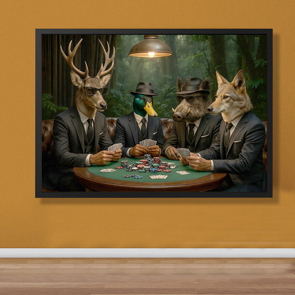 Hunter Animals Playing Poker Canvas - Deer, Duck, Boar & Coyote Poker Print