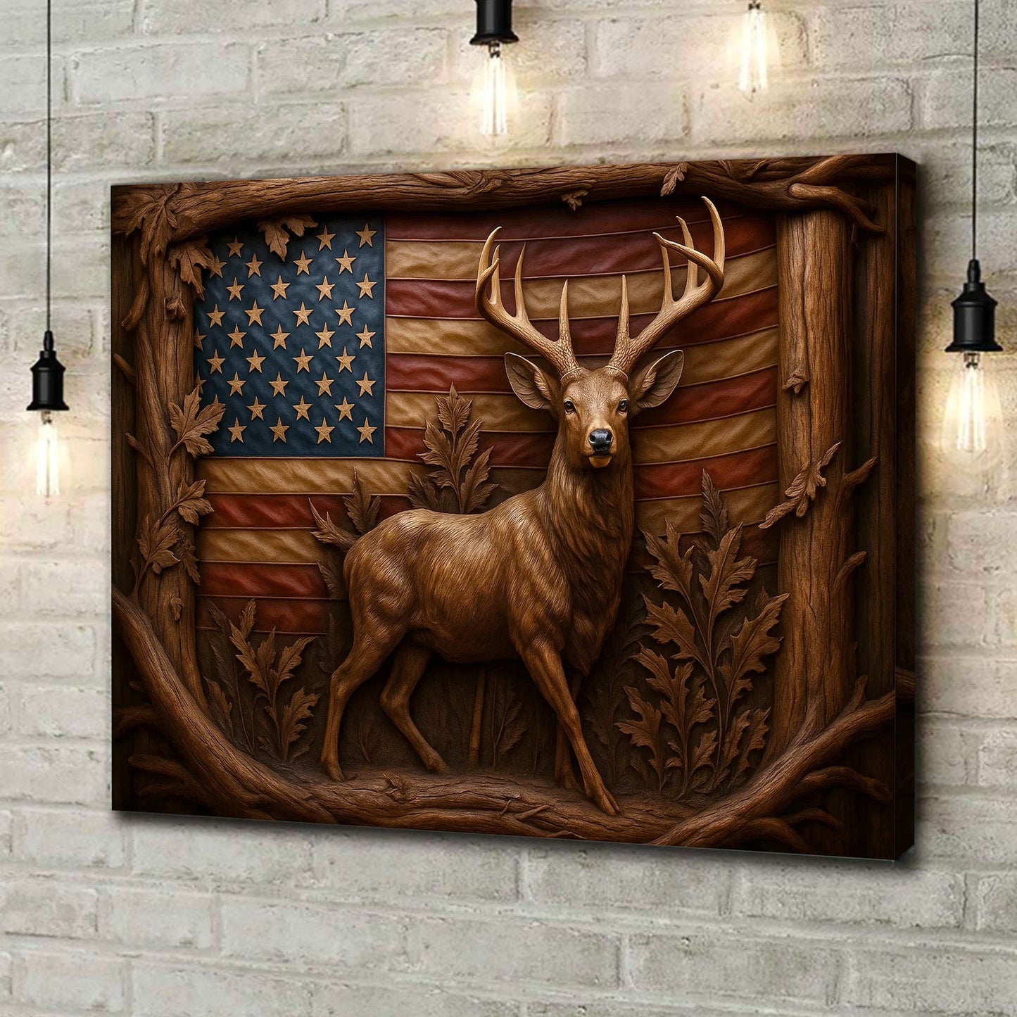 American Deer Flag Canvas Wall Art — Rustic Patriotic Design with Buck and Carved Wood Frame