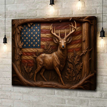 American Deer Flag Canvas Wall Art — Rustic Patriotic Design with Buck and Carved Wood Frame