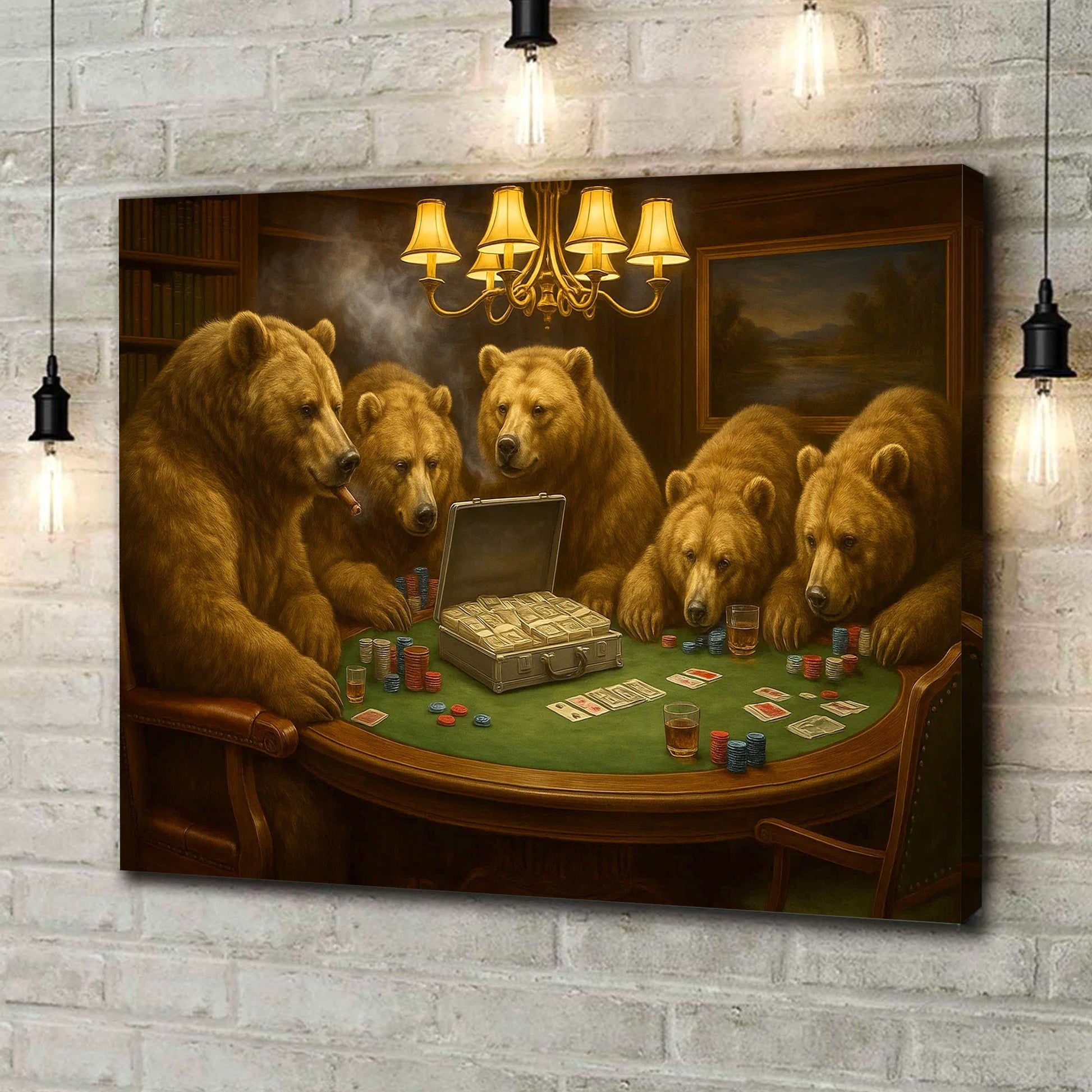 Bears Playing Poker Canvas Wall Art, Funny Casino Game Room Decor, Bear Poker Table Print