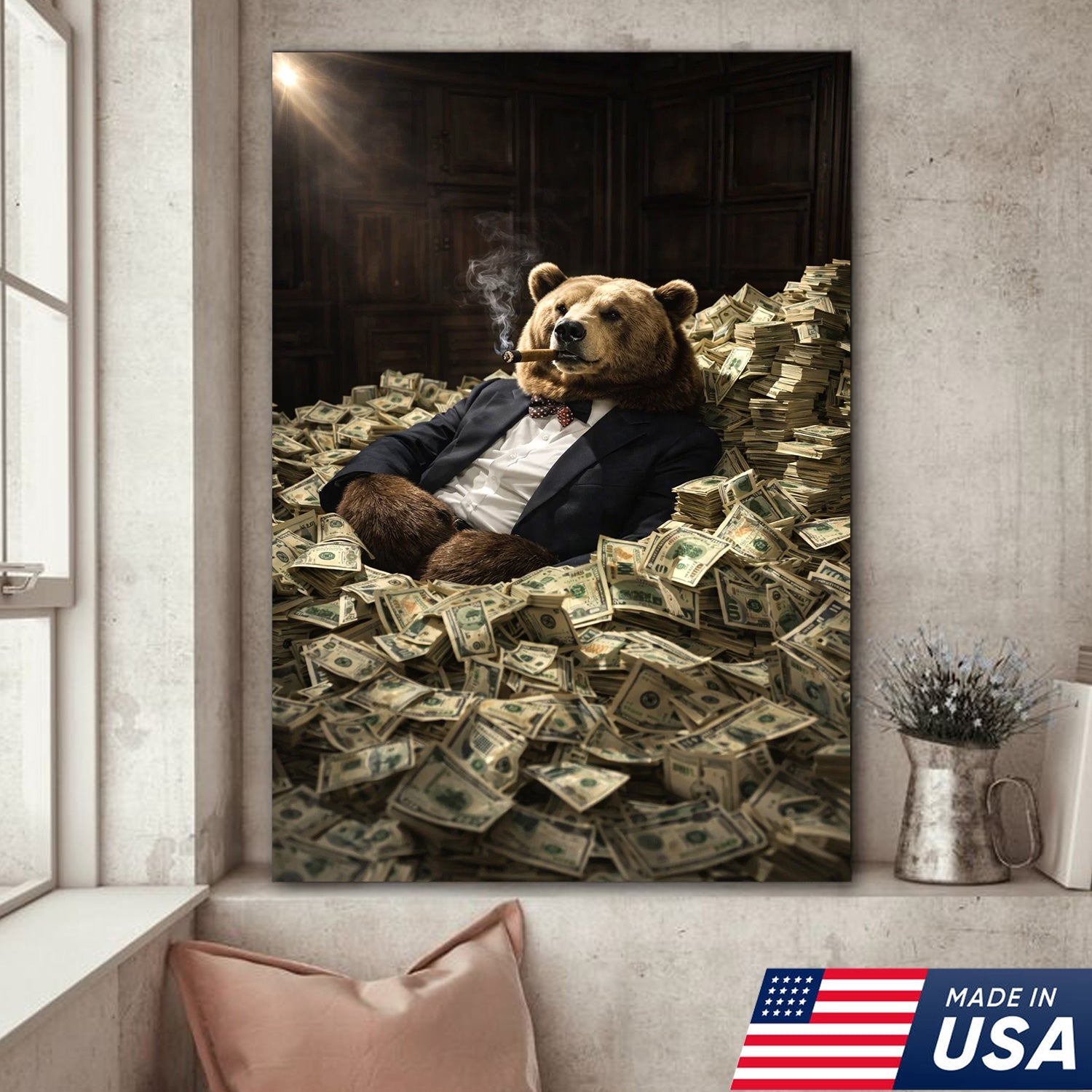 Luxury Bear Wall Art Canvas Print, Powerful Wealth Animal Portrait Illustration