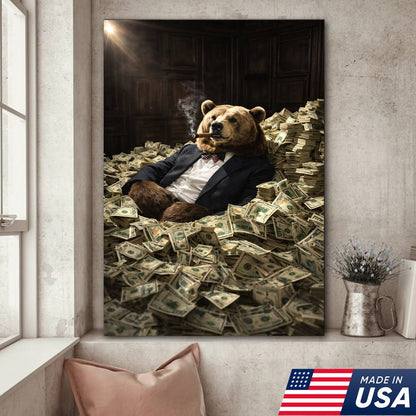 Luxury Bear Wall Art Canvas Print, Powerful Wealth Animal Portrait Illustration