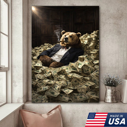Luxury Bear Wall Art Canvas Print, Powerful Wealth Animal Portrait Illustration