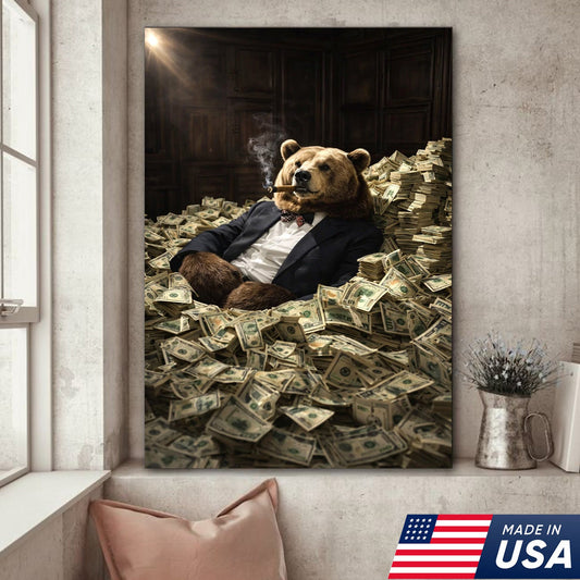 Luxury Bear Wall Art Canvas Print, Powerful Wealth Animal Portrait Illustration