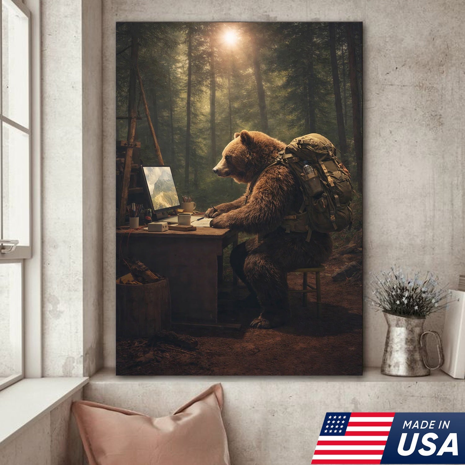 Bear Remote Work Canvas Wall Art, Whimsical Forest Office Animal Illustration