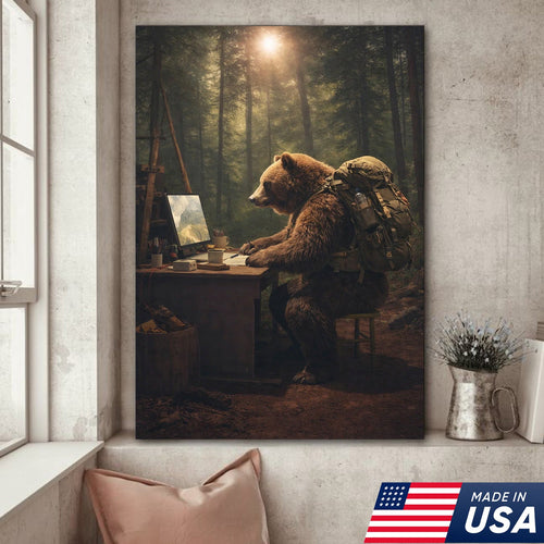 Bear Remote Work Canvas Wall Art, Whimsical Forest Office Animal Illustration