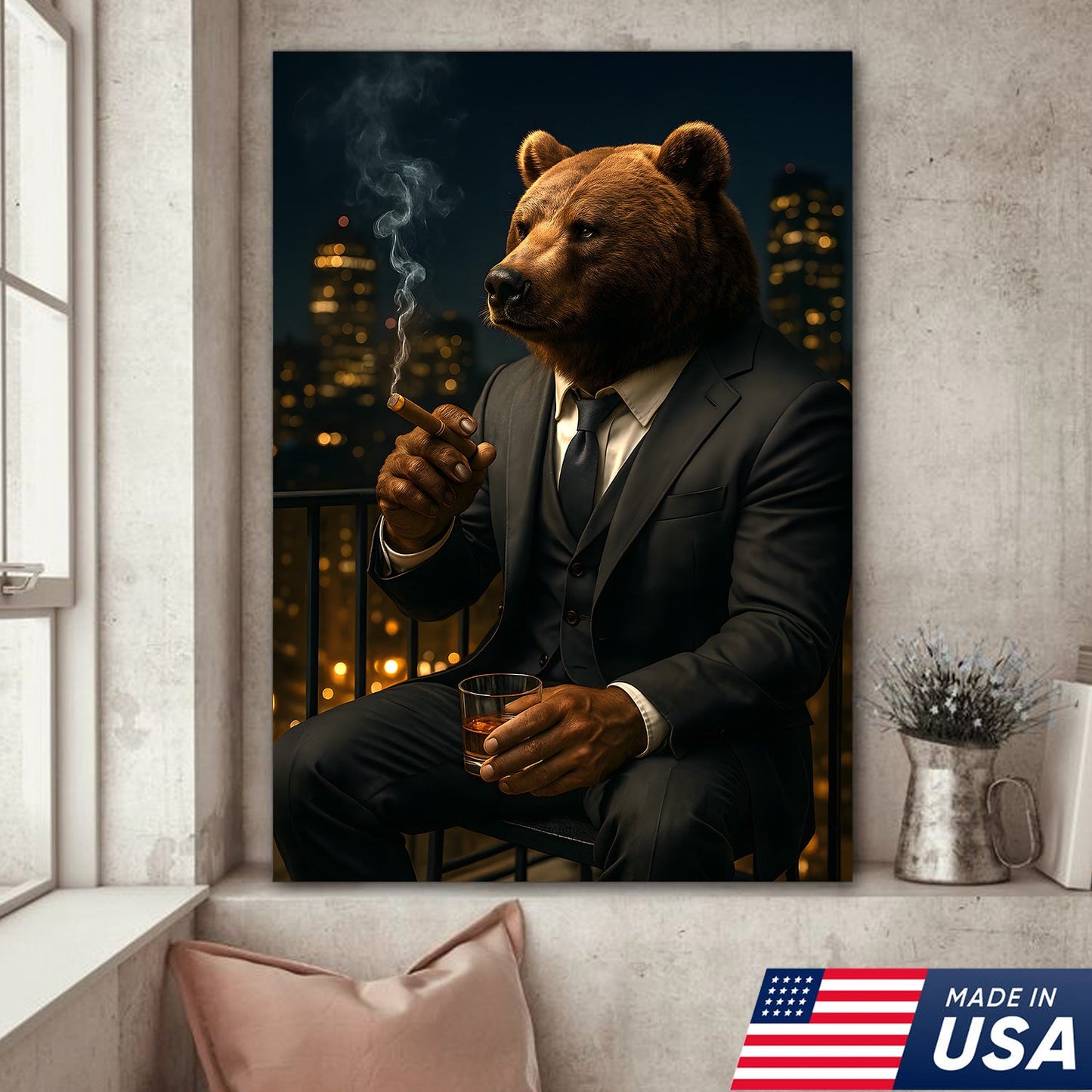 Boss Bear Wall Art – Suited Animal Smoking Canvas, Whiskey Lounge Decor, Alpha Man Gift
