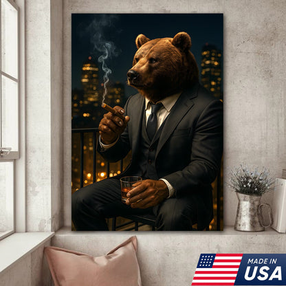 Boss Bear Wall Art – Suited Animal Smoking Canvas, Whiskey Lounge Decor, Alpha Man Gift