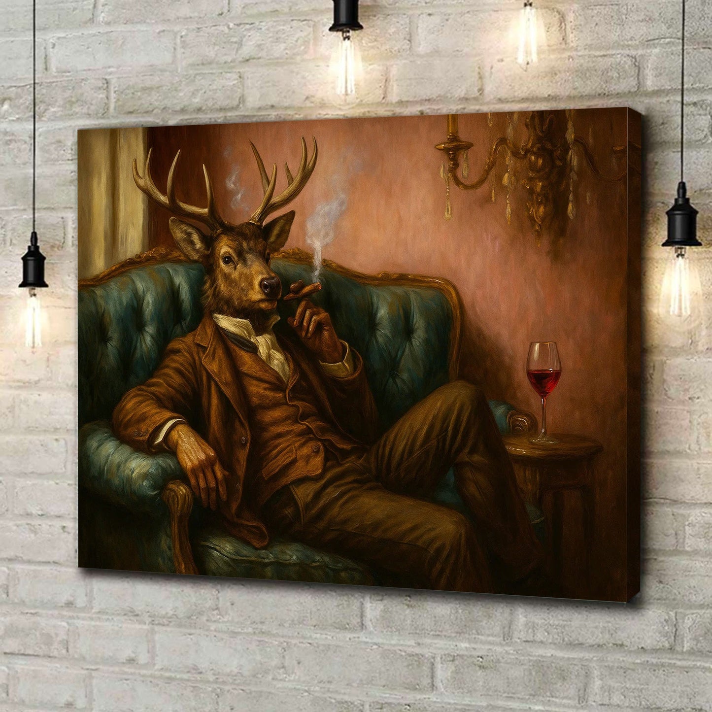 Deer Gentleman Canvas Wall Art – Dapper Buck in Suit on Teal Sofa, Vintage Lounge Portrait
