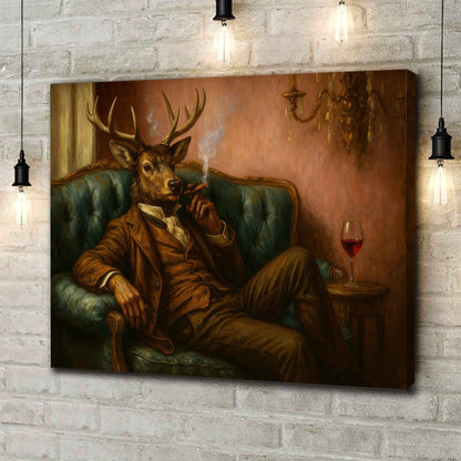 Deer Gentleman Canvas Wall Art – Dapper Buck in Suit on Teal Sofa, Vintage Lounge Portrait