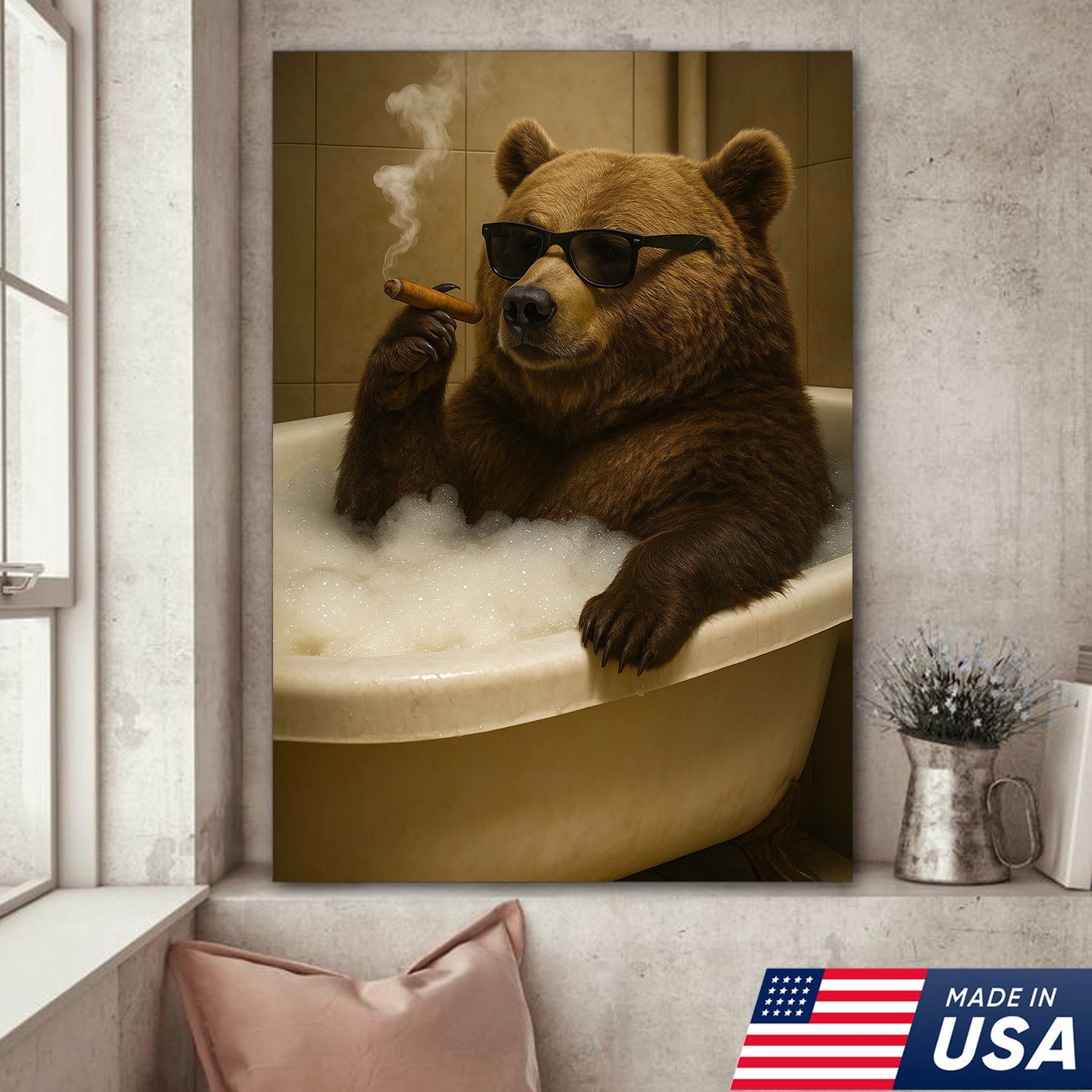 Cool Bear Canvas Wall Art – Funny Relaxing Bathtub Gift for Hunters & Outdoorsmen