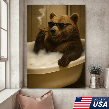 Cool Bear Canvas Wall Art – Funny Relaxing Bathtub Gift for Hunters & Outdoorsmen