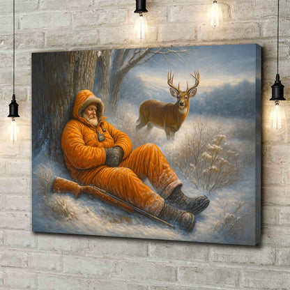 Funny Deer Hunting Canvas Wall Art - Sleeping Hunter Winter Scene - Rustic Lodge and Cabin Decor