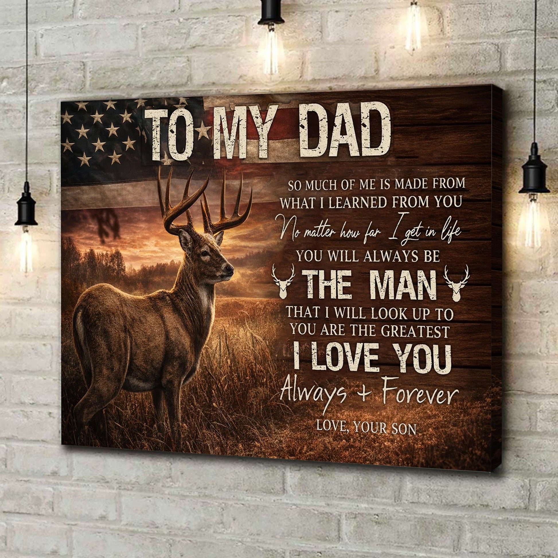 To My Dad Deer Canvas Wall Art, Patriotic Father Son Love Quote Artwork