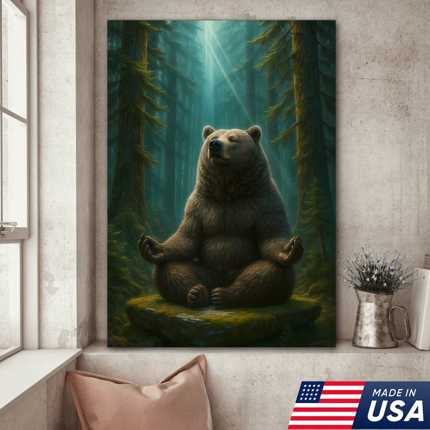 Zen Bear Wall Art – Meditating Bear Canvas for Cabin, Nature Lovers & Rustic Home Decor