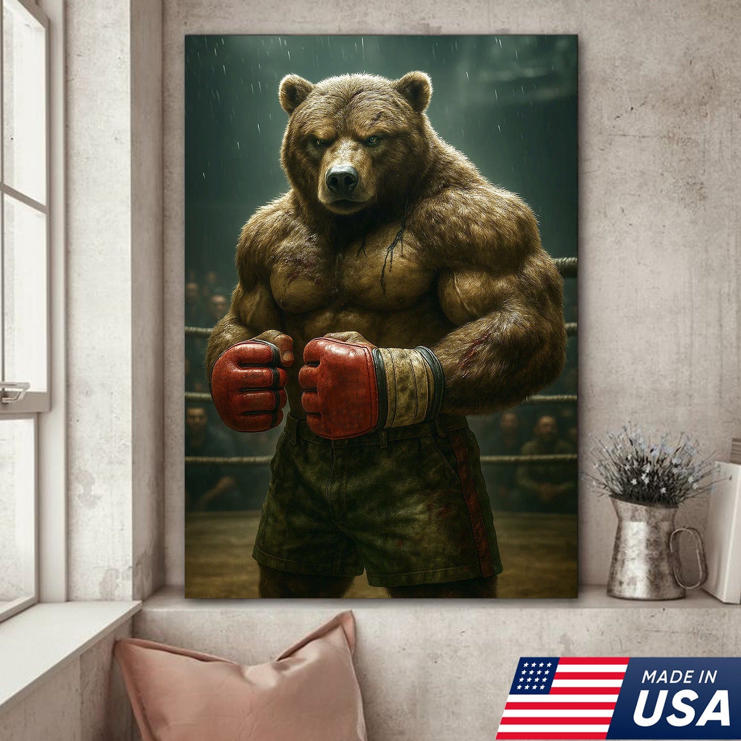 Boxer Bear Canvas Wall Art, Fierce Animal Fighter Artwork, Powerful Strength Decor for Men