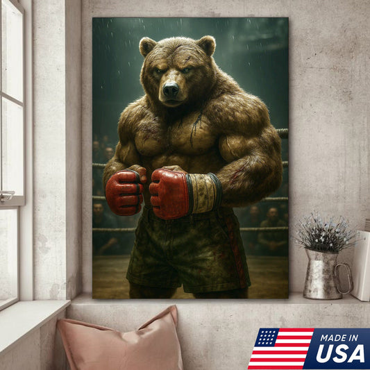 Boxer Bear Canvas Wall Art, Fierce Animal Fighter Artwork, Powerful Strength Decor for Men