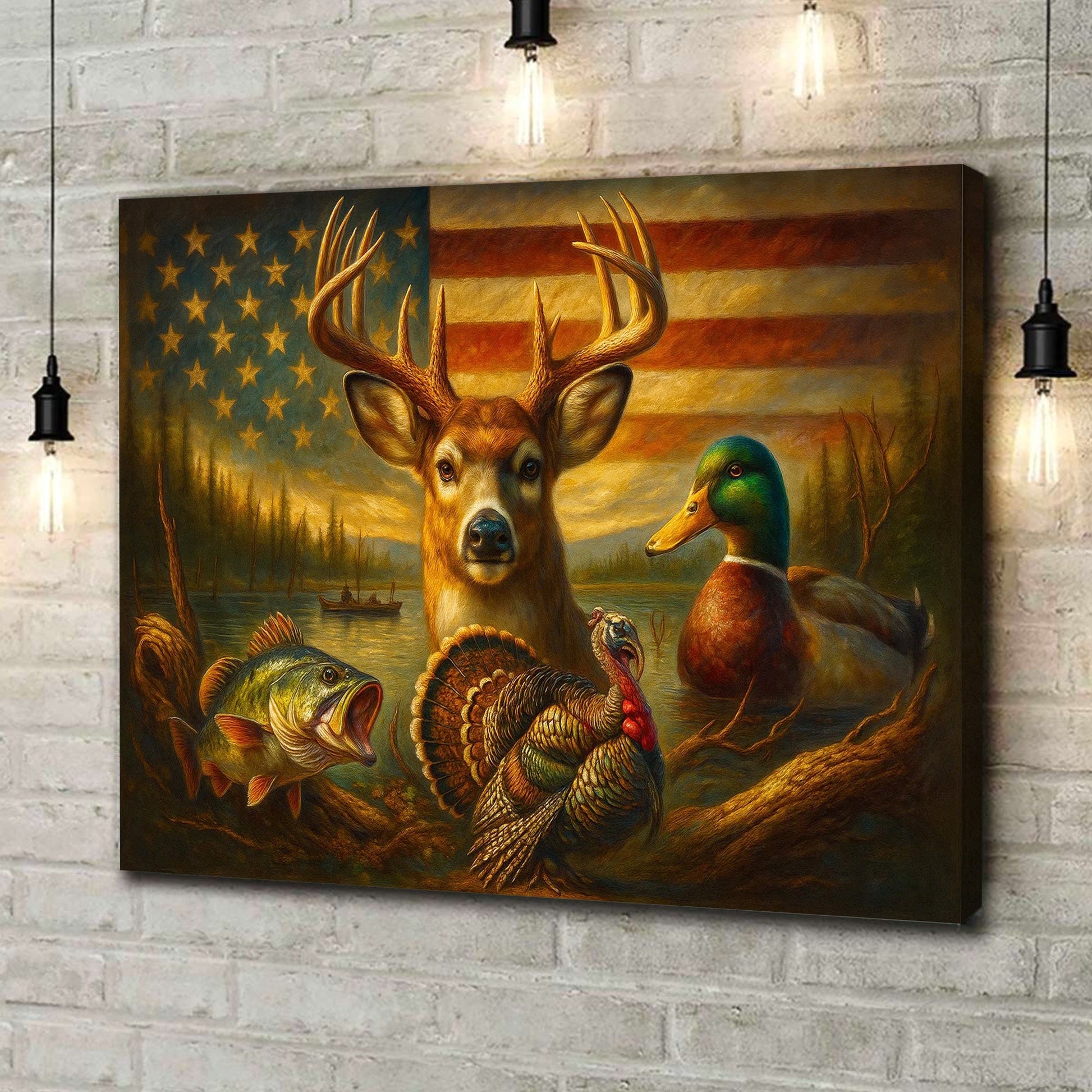 American Flag Hunting Canvas Wall Art – Whitetail Buck, Wild Turkey, Mallard Duck & Largemouth Bass