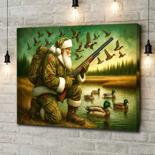 Santa Duck Hunting Canvas Wall Art, Rustic Christmas Cabin Decor, Outdoor Waterfowl Hunter Gift