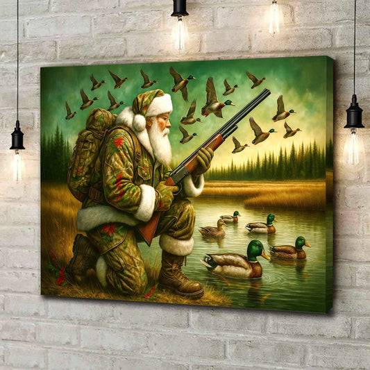 Santa Duck Hunting Canvas Wall Art, Rustic Christmas Cabin Decor, Outdoor Waterfowl Hunter Gift