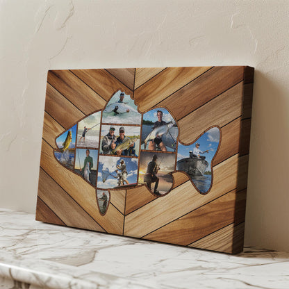 Custom Fishing Photo Collage Canvas, Fish Shape Personalized Wall Art