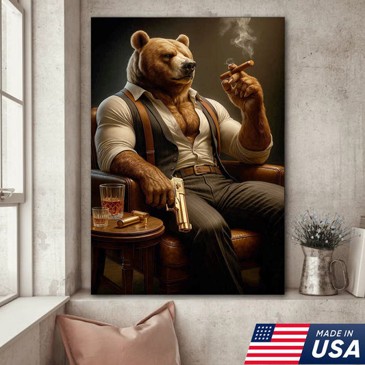 Boss Bear Canvas Wall Art, Stylish Anthropomorphic Animal Portrait, Masculine Power Lounge Decor