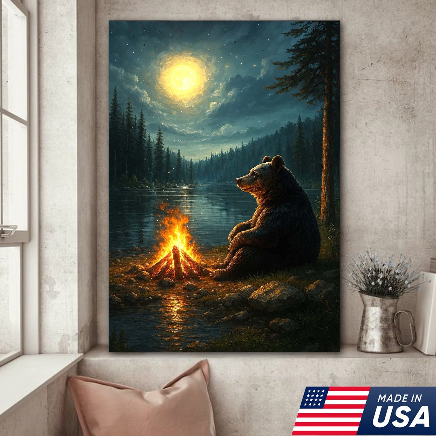 Bear Campfire Night Wall Art Canvas, Cozy Camping Bear by Lake