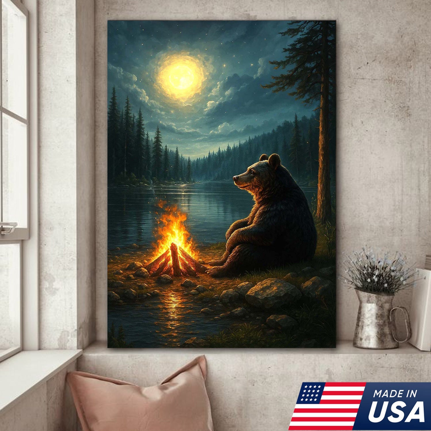 Bear Campfire Night Wall Art Canvas, Cozy Camping Bear by Lake
