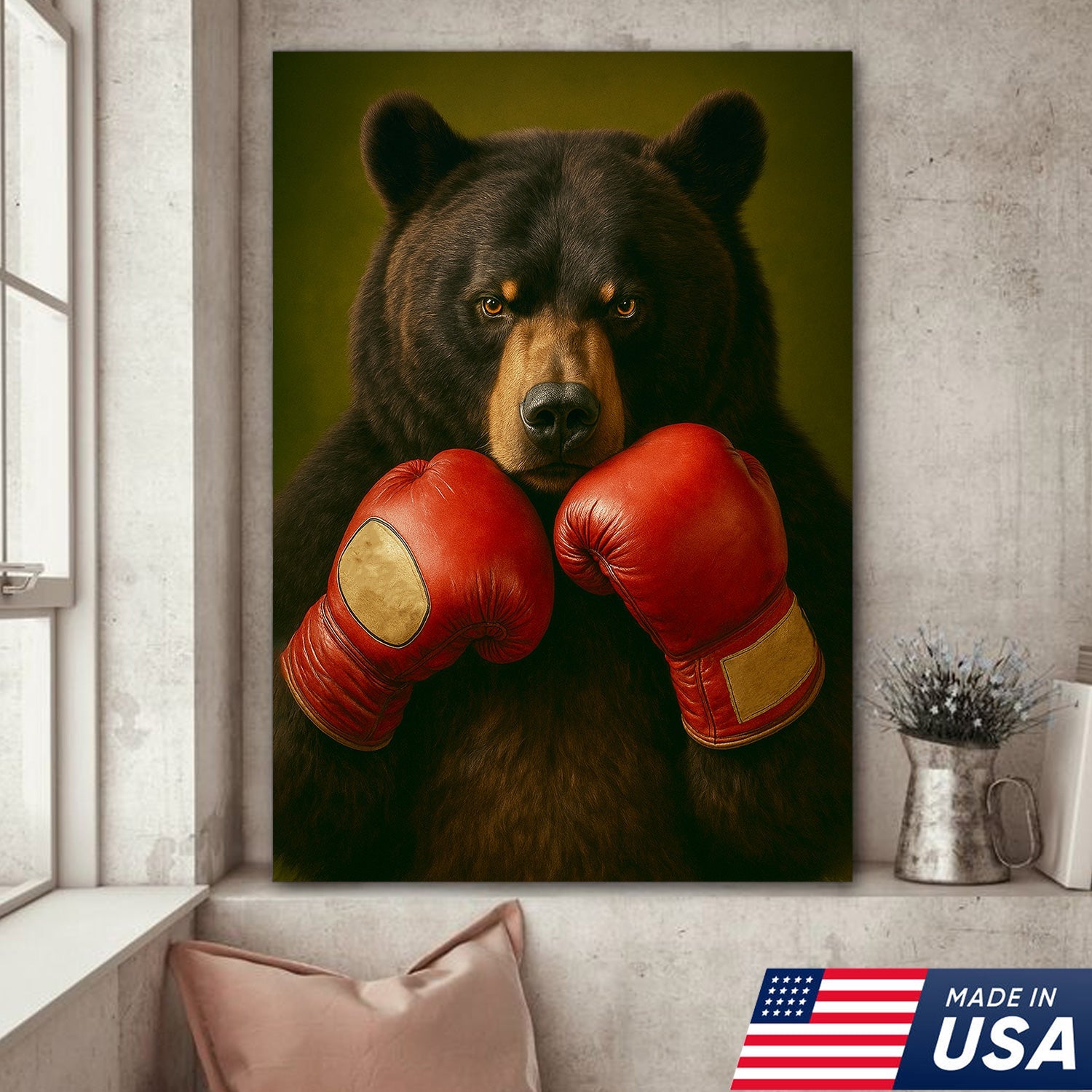Funny Bear Boxing Canvas – Sports Animal Wall Art for Gym, Boxing Lovers, Rustic Man Cave Décor