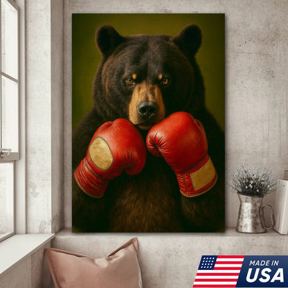 Funny Bear Boxing Canvas – Sports Animal Wall Art for Gym, Boxing Lovers, Rustic Man Cave Décor