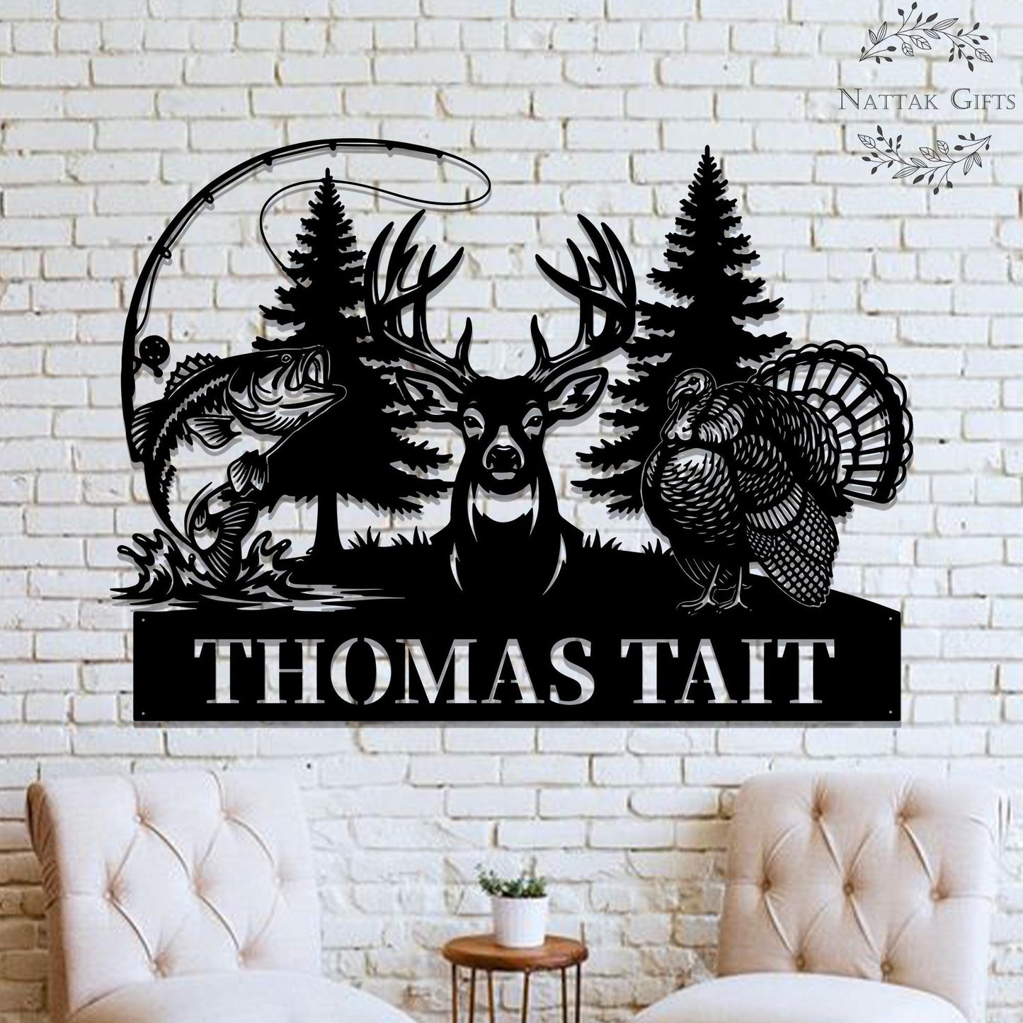 Personalized Hunting Name Metal Sign, Custom Deer Turkey & Bass Fishing Wall Art