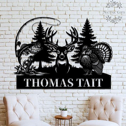 Personalized Hunting Name Metal Sign, Custom Deer Turkey & Bass Fishing Wall Art