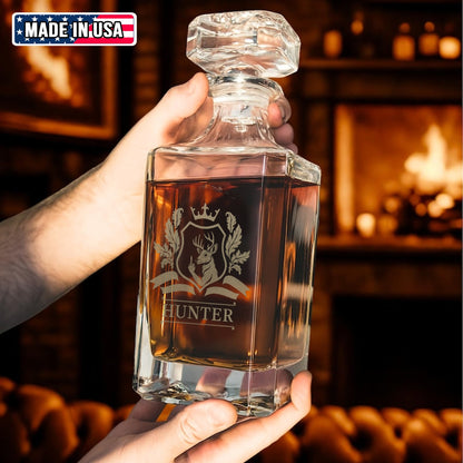 Luxury Deer Hunting Whiskey Decanter & Glass Set – Engraved Buck Glass Gift for Men & Outdoors Lovers