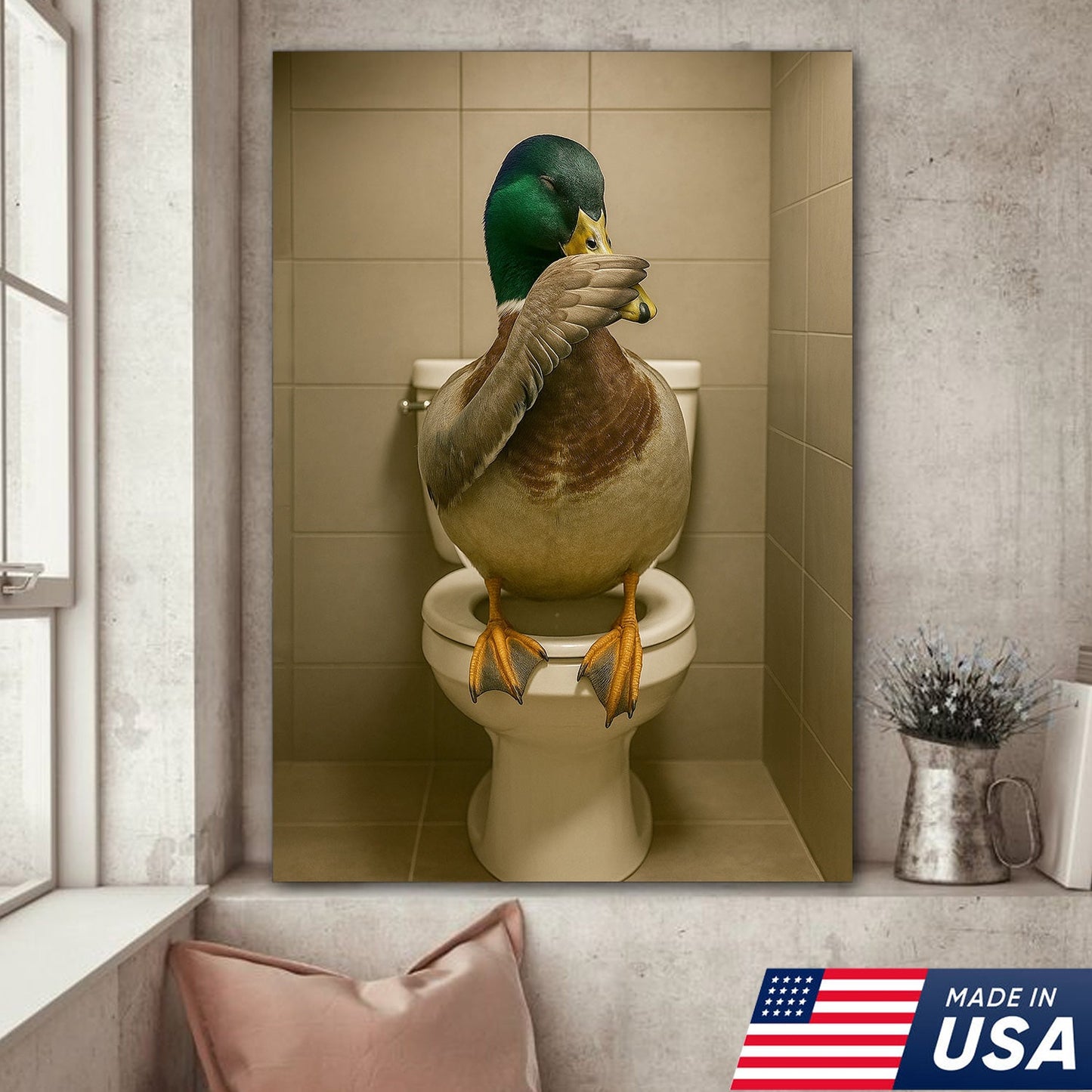 Funny Duck Bathroom Wall Art – Hilarious Rustic Toilet Canvas for Cabin, Lodge & Man Cave Decor