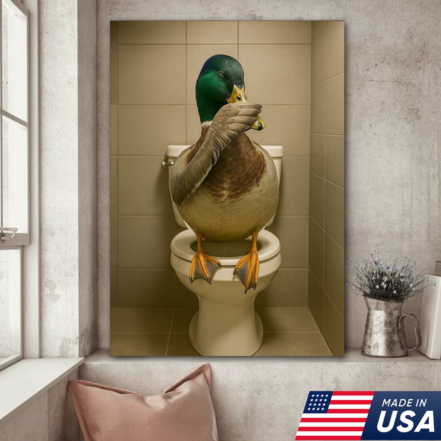 Funny Duck Bathroom Wall Art – Hilarious Rustic Toilet Canvas for Cabin, Lodge & Man Cave Decor