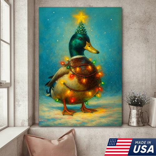 Funny Mallard Duck Christmas Canvas Wall Art – Festive Holiday Decor – Rustic Lodge Gift Idea
