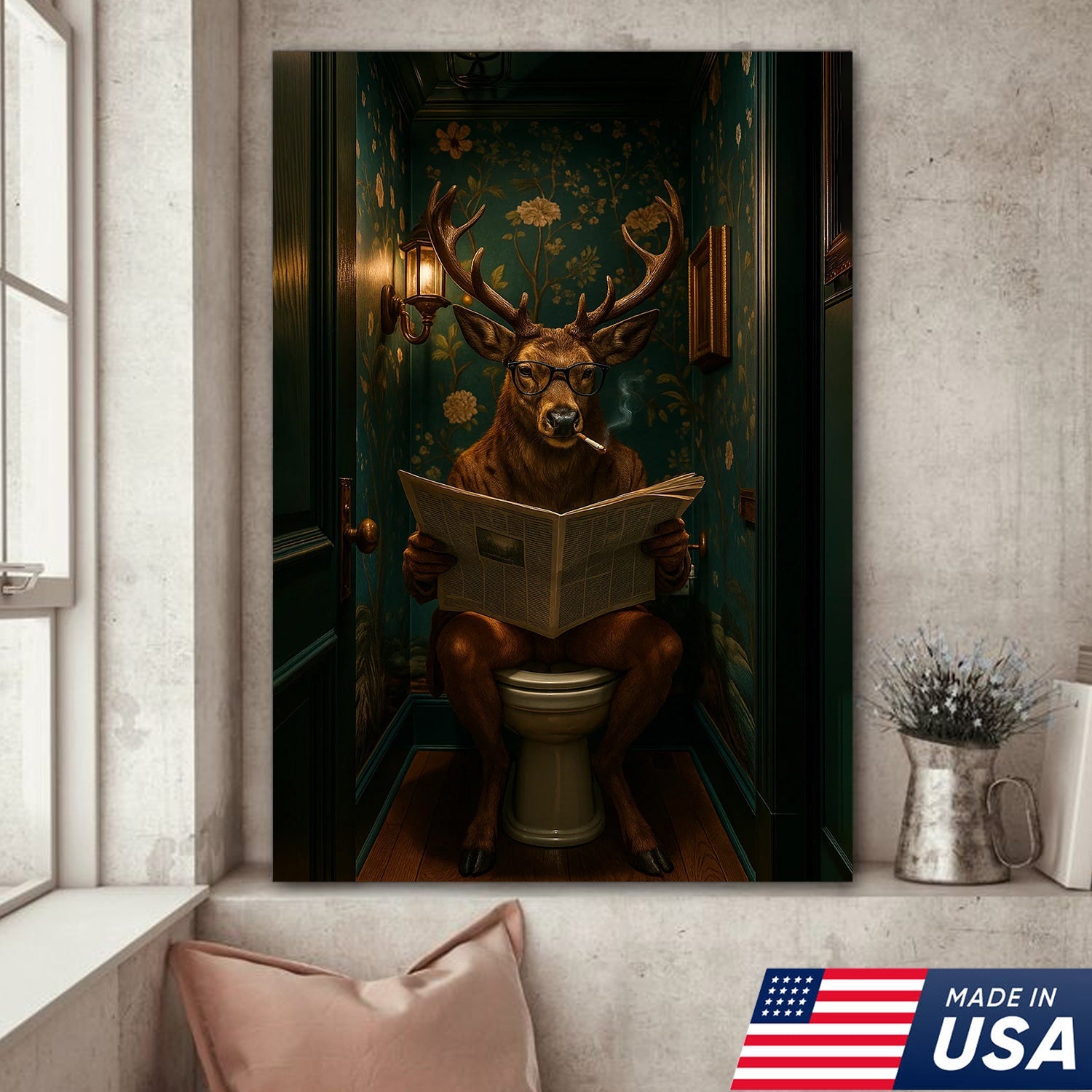 Funny Whitetail Buck Bathroom Canvas – Deer with Glasses Reading Newspaper on Toilet