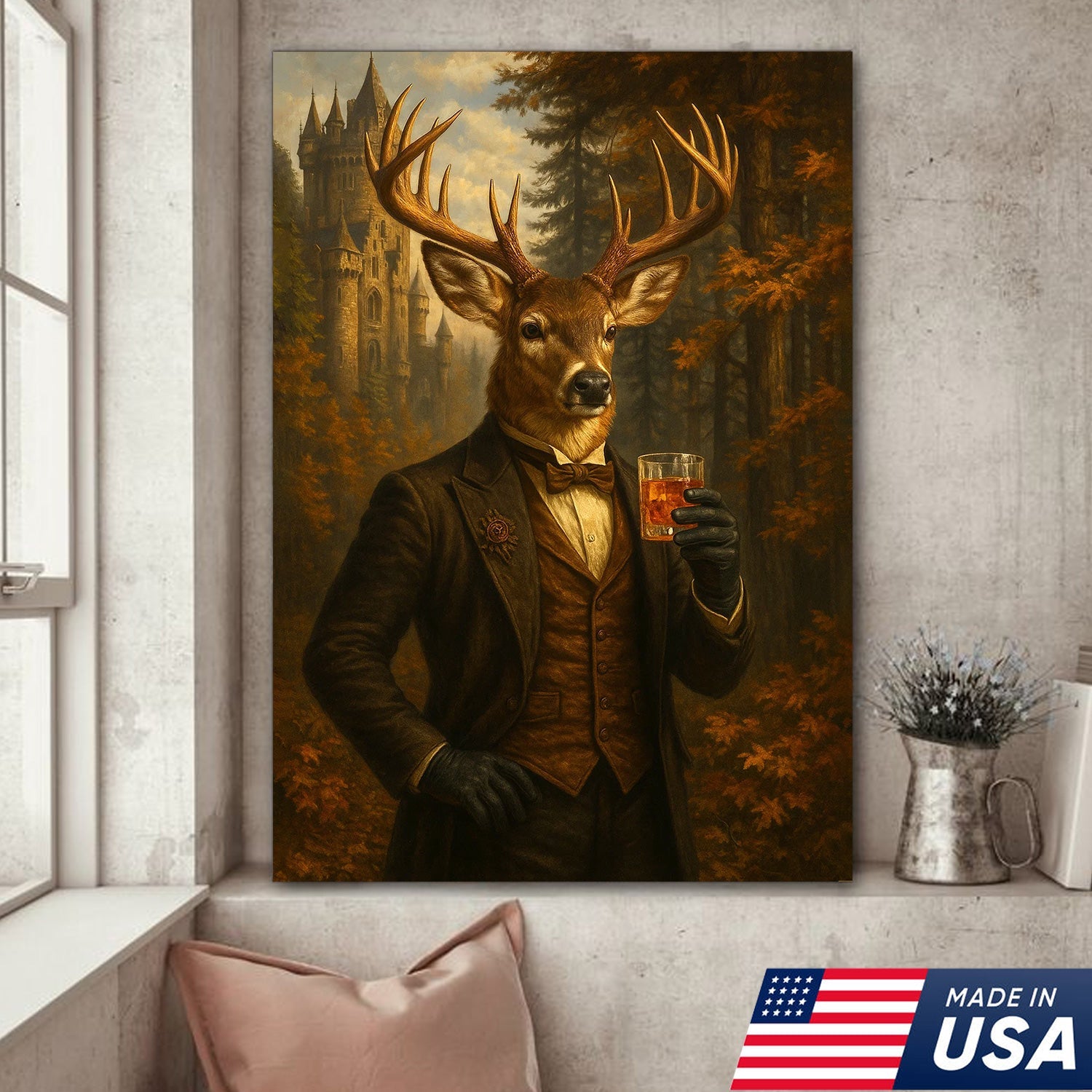 Gentleman Deer Whiskey Canvas Wall Art – Rustic Hunting Lodge & Man Cave Decor