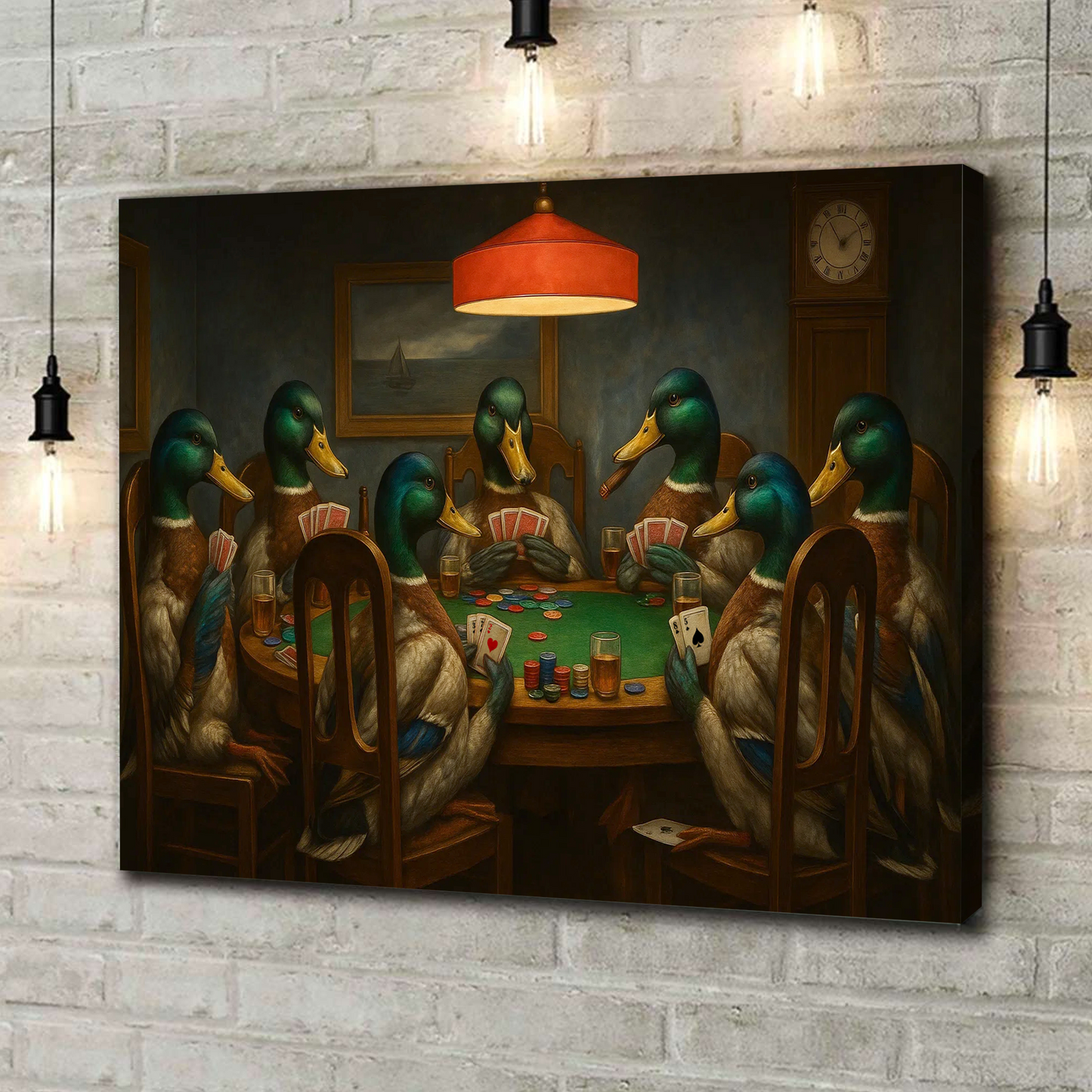 Funny Ducks Playing Poker Canvas Wall Art – Rustic Wildlife Game Night Decor