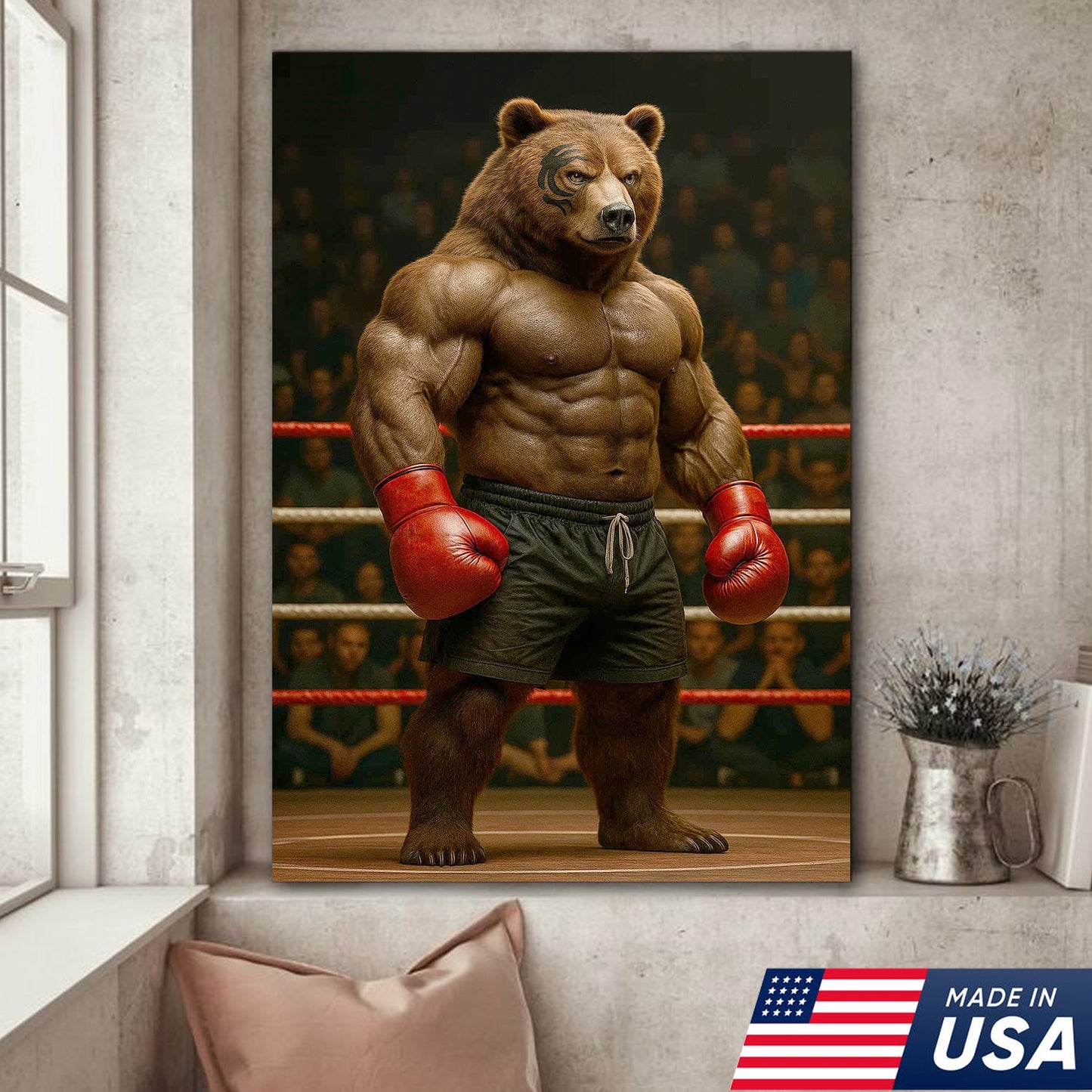 Boxing Bear Canvas Wall Art, Muscular Fighter in Red Gloves, Gym & Man Cave Decor